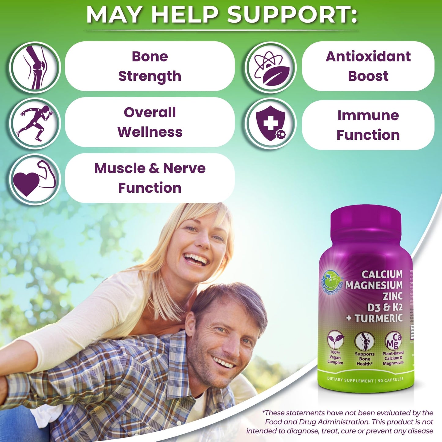Plant-Based Calcium 500mg (Aquamin) – Vegan Calcium Magnesium Zinc D3 with Vitamin K2 & Organic Turmeric – Enhanced Bone and Muscle Health & Strength, Immune Support for Women & Men - 90 Count