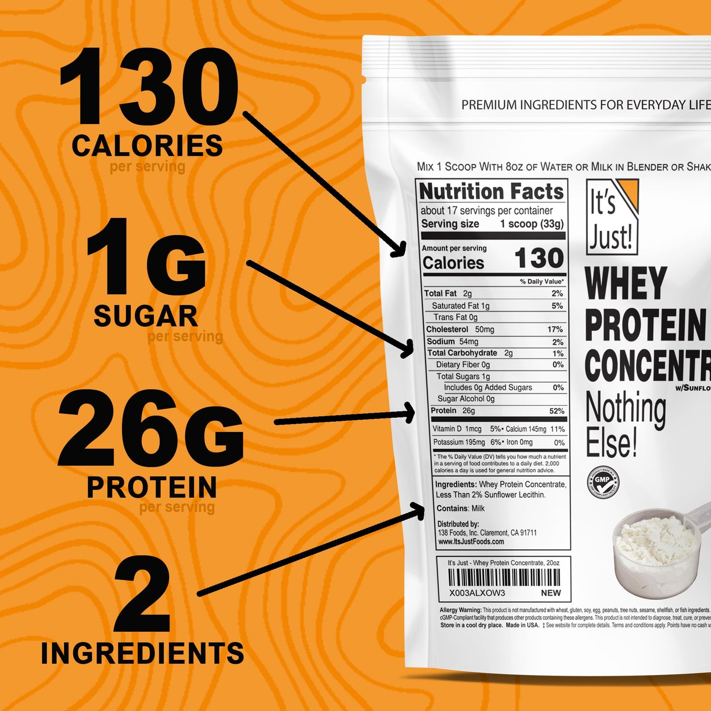 It's Just! - 100% Whey Protein Concentrate, Made in USA, Premium WPC-80, No Added Flavors or Artificial Sweeteners