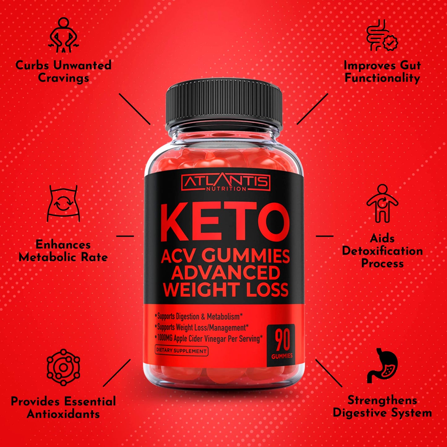 Atlantis Nutrition Keto ACV Gummies for Weight Loss - Supports Digestion, Weight Loss, Detox & Cleansing - Apple Cider Vinegar Gummies Formulated with 1000MG ACV Per Serving - 90 Count