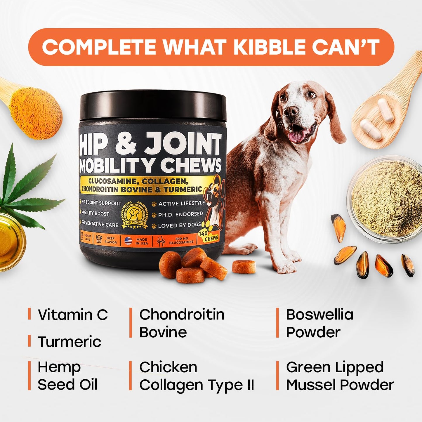 Hip & Joint Support Treats for Dogs - PhD Endorsed 500mg Glucosamine + Collagen, Chrondroitin & Turmeric- Preventative Care, Mobility Boost - 140 Treats - Beef Flavor - Made in USA