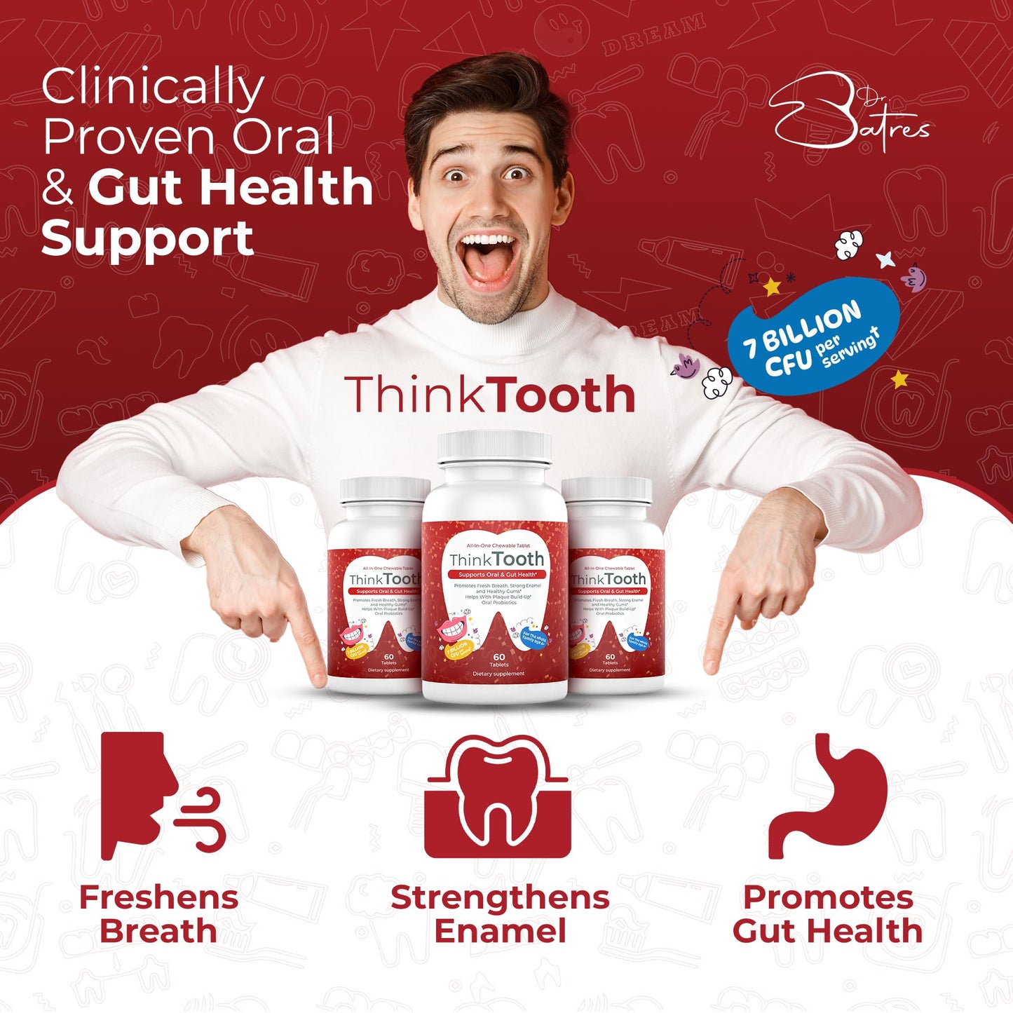 Think Tooth 60 Chewable Tablets, Oral Probiotics for Mouth Bad Breath Treatment for Adults, 5 Strains 7 Billion CFU, Doctor Formulated Oral Probiotics for Teeth & Gums, Fresh Breath, Chronic Halitosis