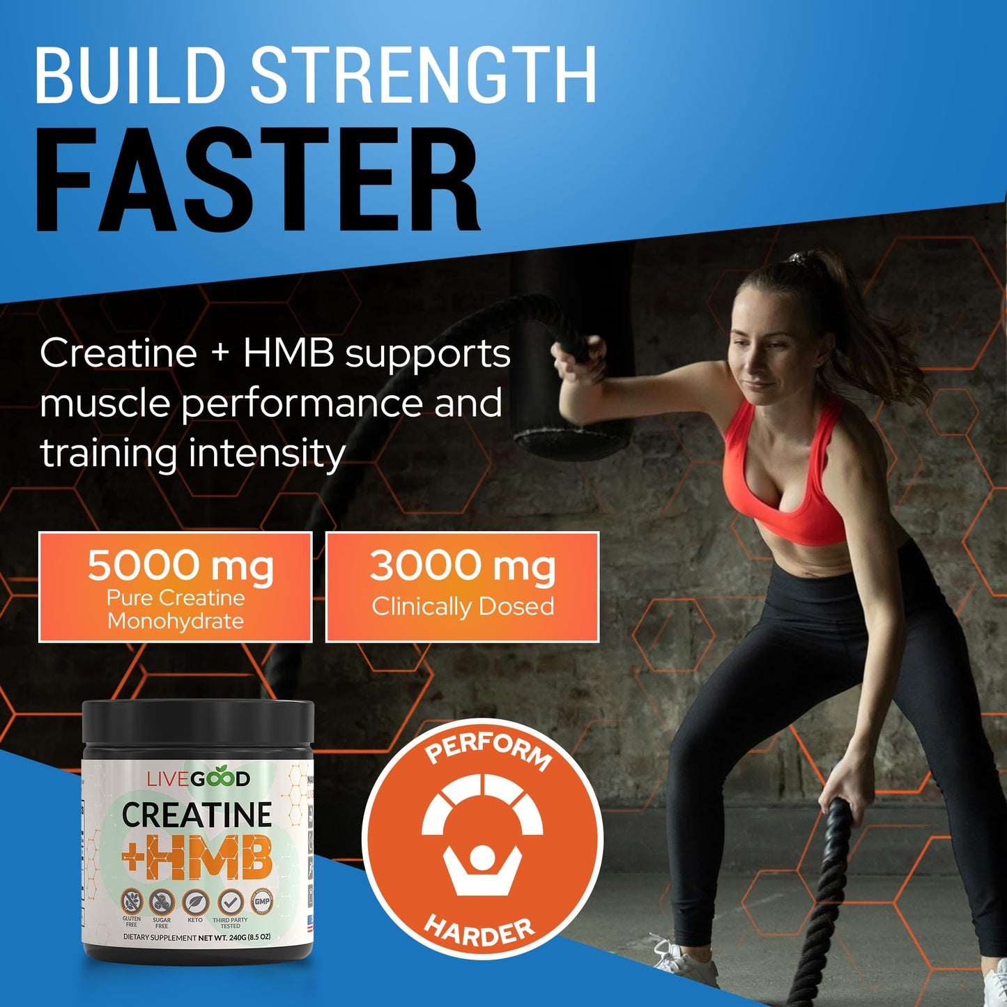 LIVEGOOD Creatine Monohydrate with HMB for Lean Muscle Growth & Recovery – HMB Creatine Powder for Men and Women – Unflavored Creatine, 30 Servings