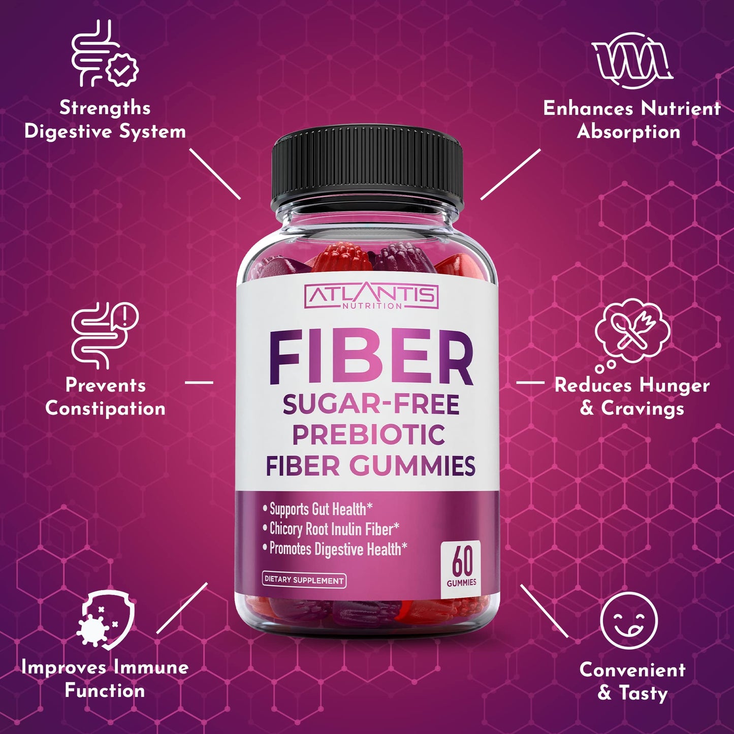 Atlantis Nutrition Sugar Free Fiber Gummies for Adults - 5G Fiber Supplement Formulated with 5.4G Prebiotic Digestive Blend - Supports Gut Health & Promotes Healthy Digestion - 2-Pack 120 Gummies