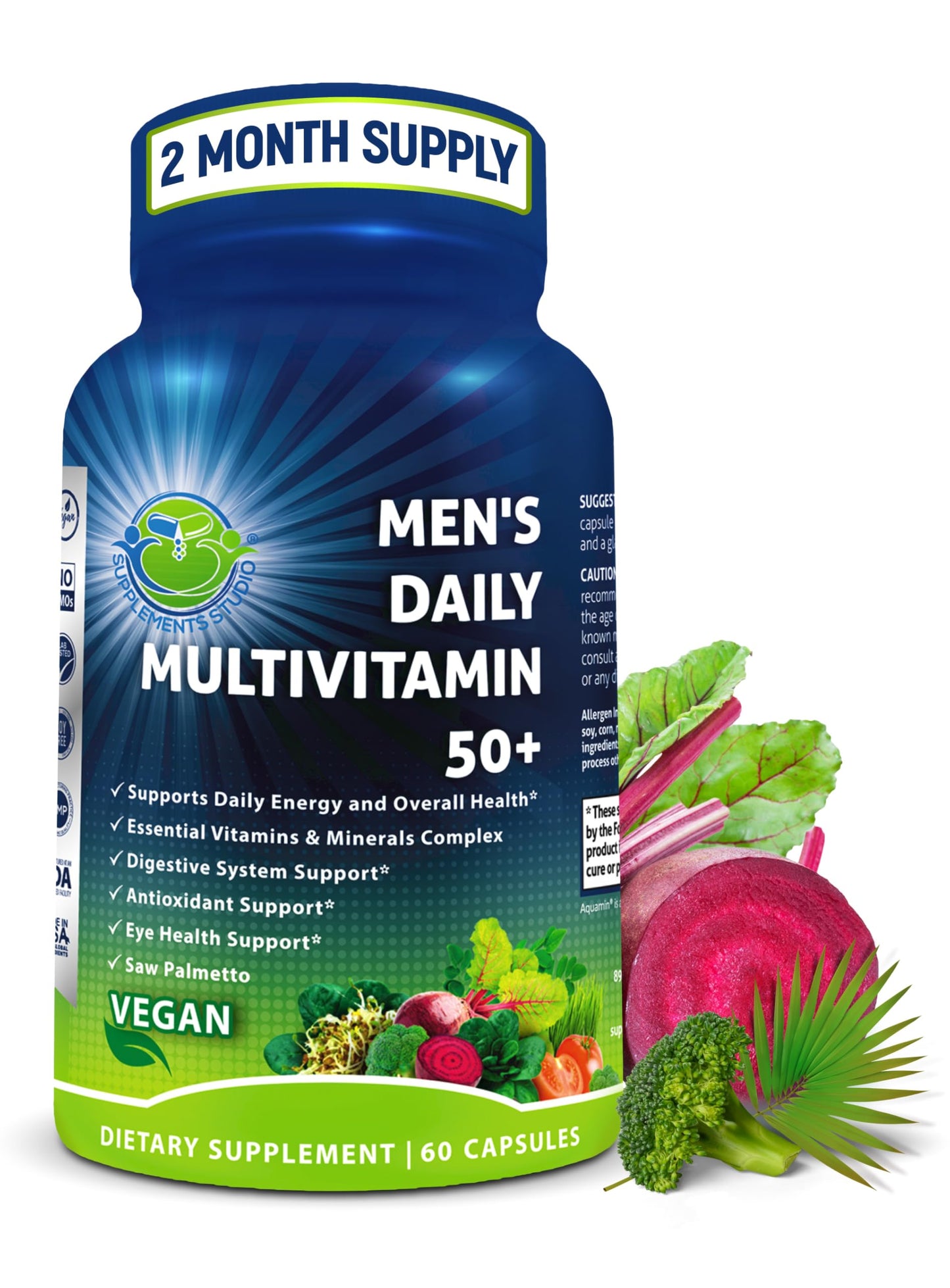 Men's Daily Multivitamin 50 Plus - Vegan Methylated Multivitamin for Men 50 and Over - Saw Palmetto, Biotin, Organic Superfoods, Lutein - Eye, Energy, Gut, Health Support - Easy to Swallow Capsules