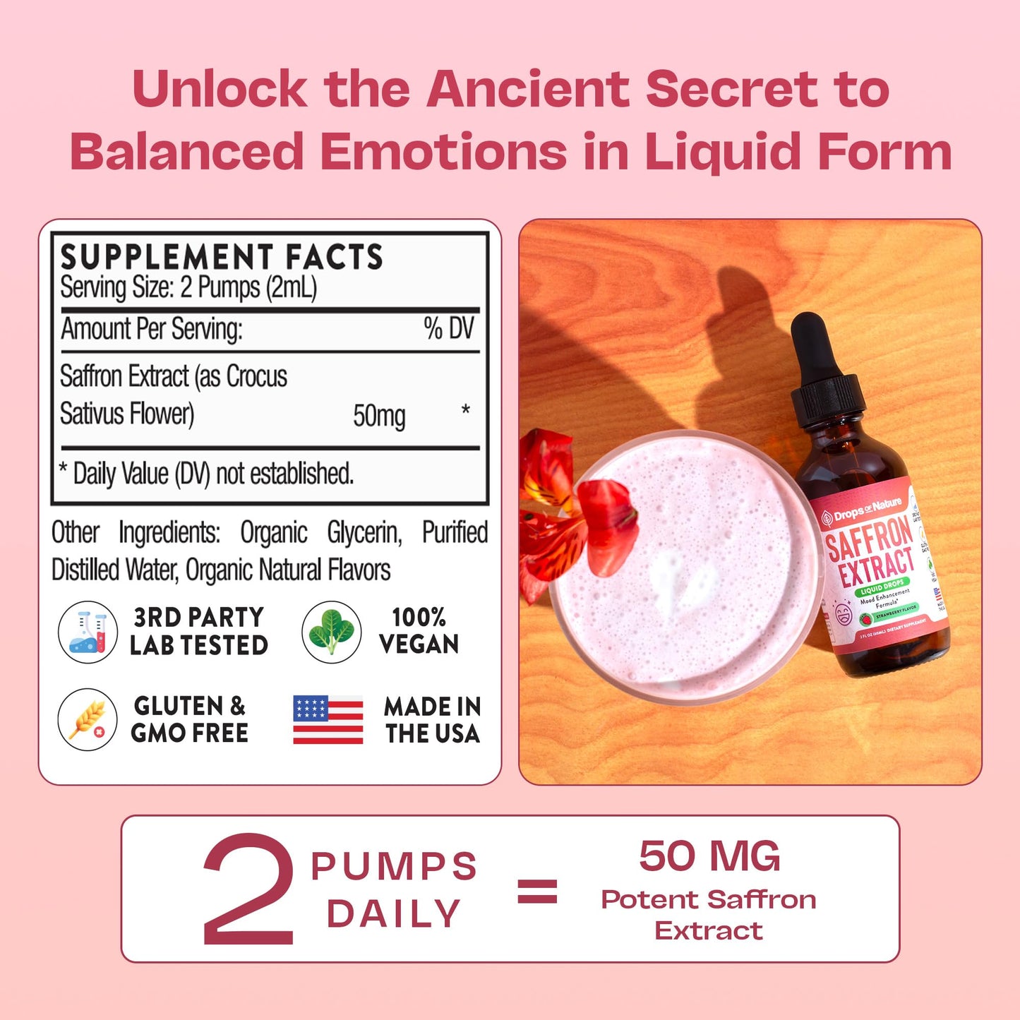 Saffron Supplements for Kids & Adults – Made with Pure Saffron Extract – Vegan, Fast Absorbing – Mix with Drinks – Supports Eye Health, Emotional Balance and Antioxidant Level Boost (Strawberry, 60mL)
