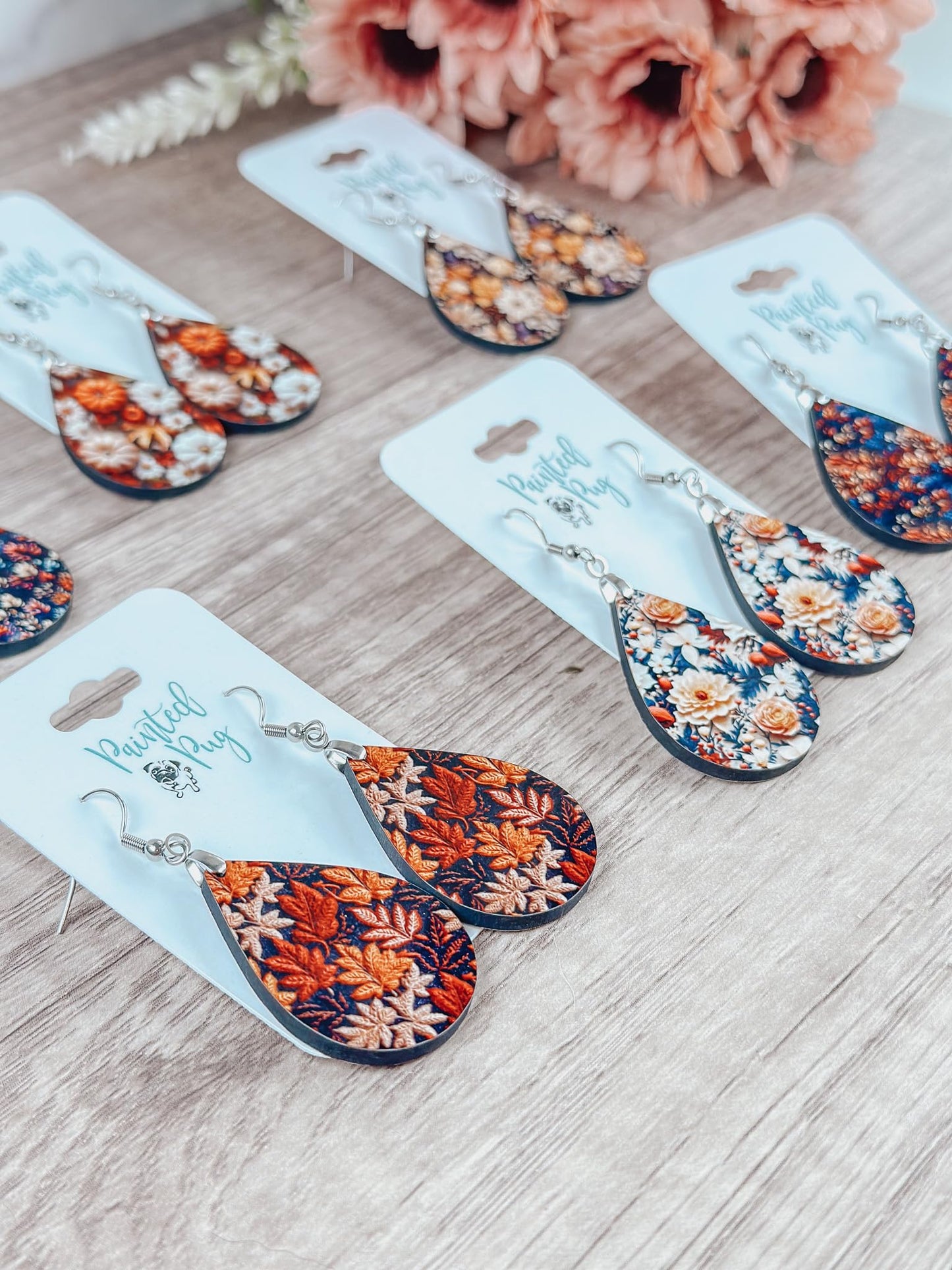 Fall Earrings for Women Autumn Lightweight Teardrop Dangle Fun Colorful Statement Jewelry Handmade by the Painted Pug (Fall Leaves Org Brwn)