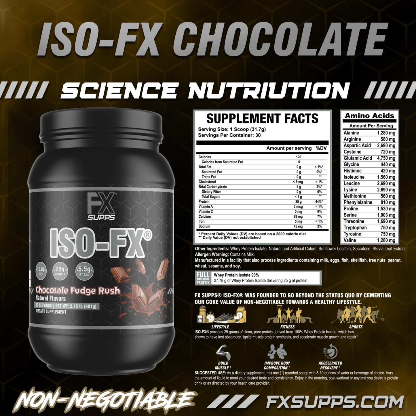 FXSUPPS Iso-Fx Whey Isolate Protein Powder Chocolate Flavored Drink | Low Carb with BCAAs | Post Workout Recovery Supplement Mix for Men and Women | Boosts Strength and Muscle Growth (2 Pounds)