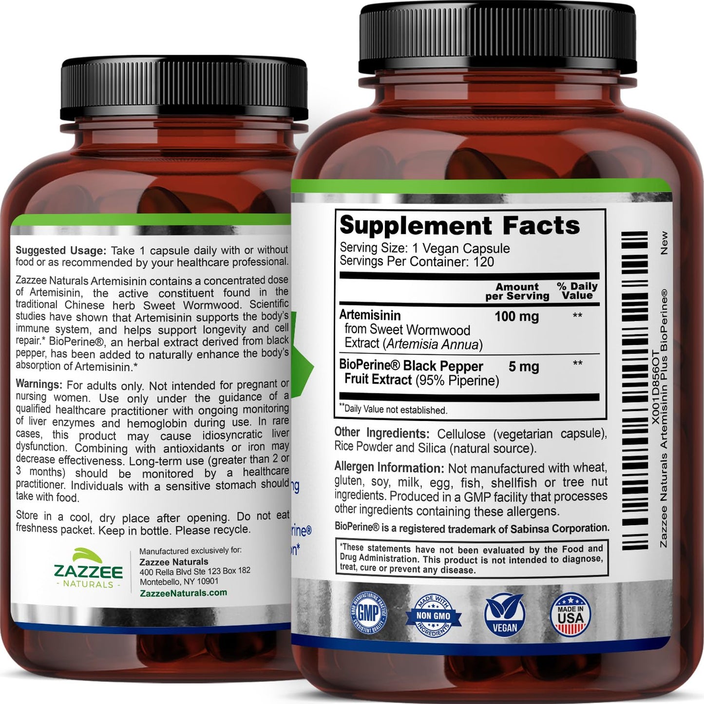Zazzee High Absorption Artemisinin, 100 mg per Capsule, 120 Vegan Capsules, with 5 mg BioPerine for Maximum Absorption, Sweet Wormwood Extract, 4 Month Supply, All-Natural and Non-GMO