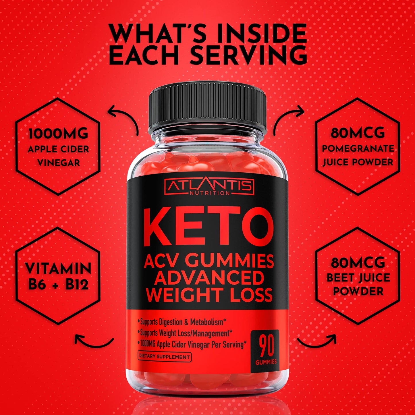 Atlantis Nutrition Keto ACV Gummies for Weight Loss - Supports Digestion, Weight Loss, Detox & Cleansing - Apple Cider Vinegar Gummies Formulated with 1000MG ACV Per Serving - 90 Count