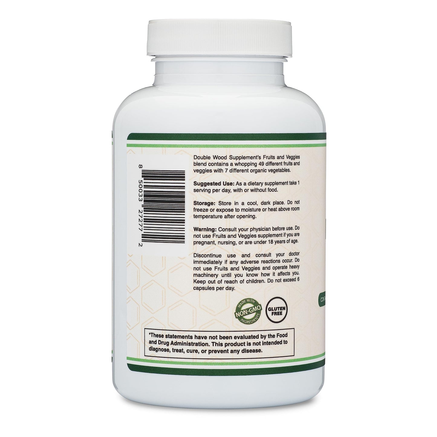 Fruits and Veggies Supplement (Daily Blend of 49 Different Fruits and Vegetables, 23 Veggies and 29 Fruits) 1,500mg Servings, 180 Capsules (No Fillers, Vegan Safe, Non-GMO) by Double Wood