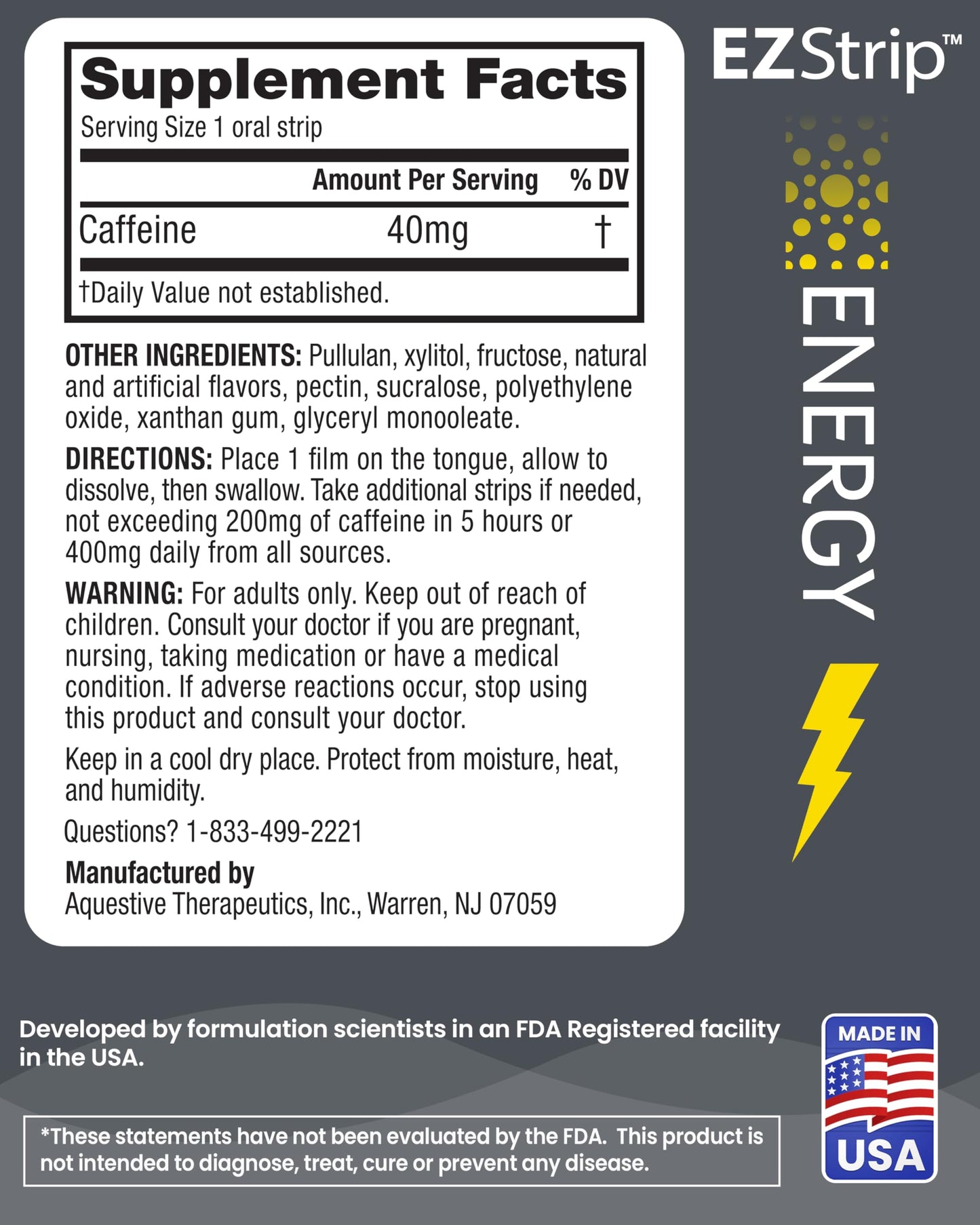 EZStrip Energy Supplements - Mint Flavor, 30 Count - Dissolving Strips with 40mg Caffeine to Help Energize Your Day and Boost Performance - Made in The USA, Sugar and Gluten-Free