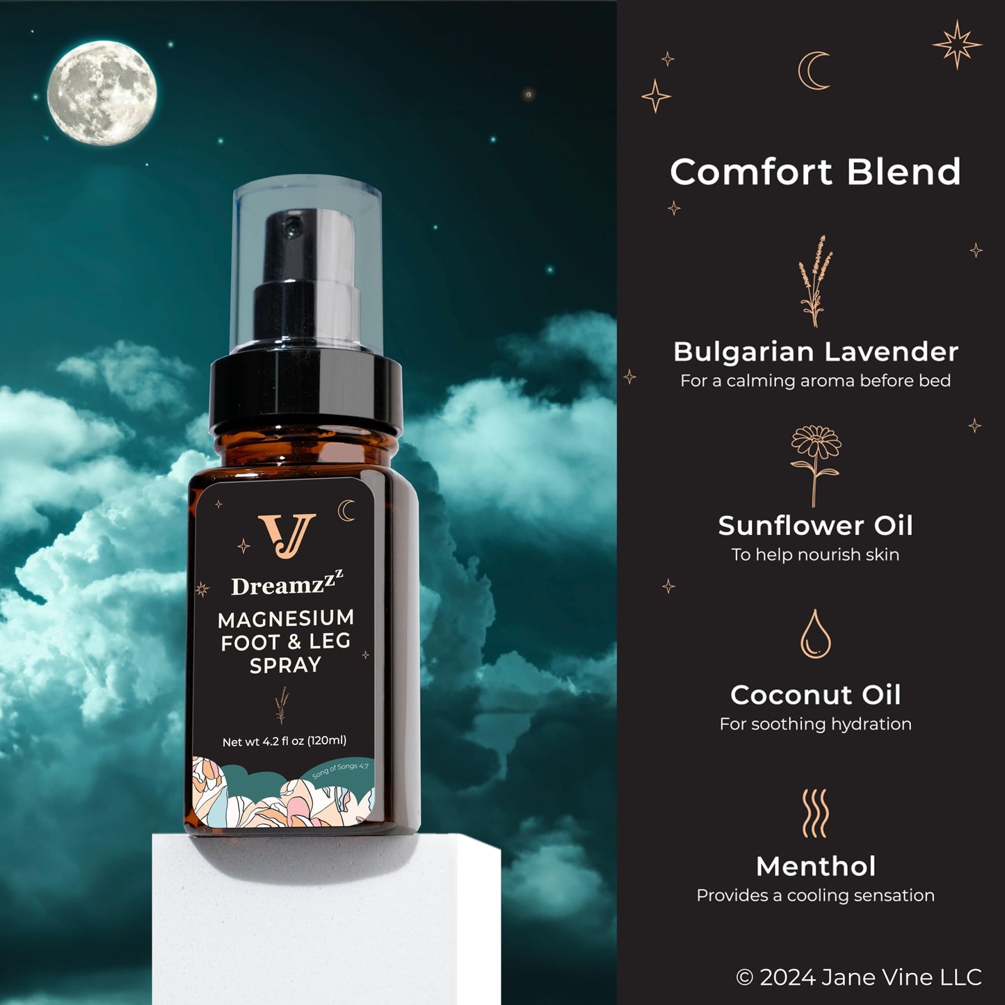 Jane Vine Dreamzzz Magnesium Spray for Feet and Sleep – Blended Formula Magnesium Oil with Lavender & Coconut Oil - Topical Magnesium Body Foot and Leg Spray for Women - Reduced Stickiness - 4.2 oz