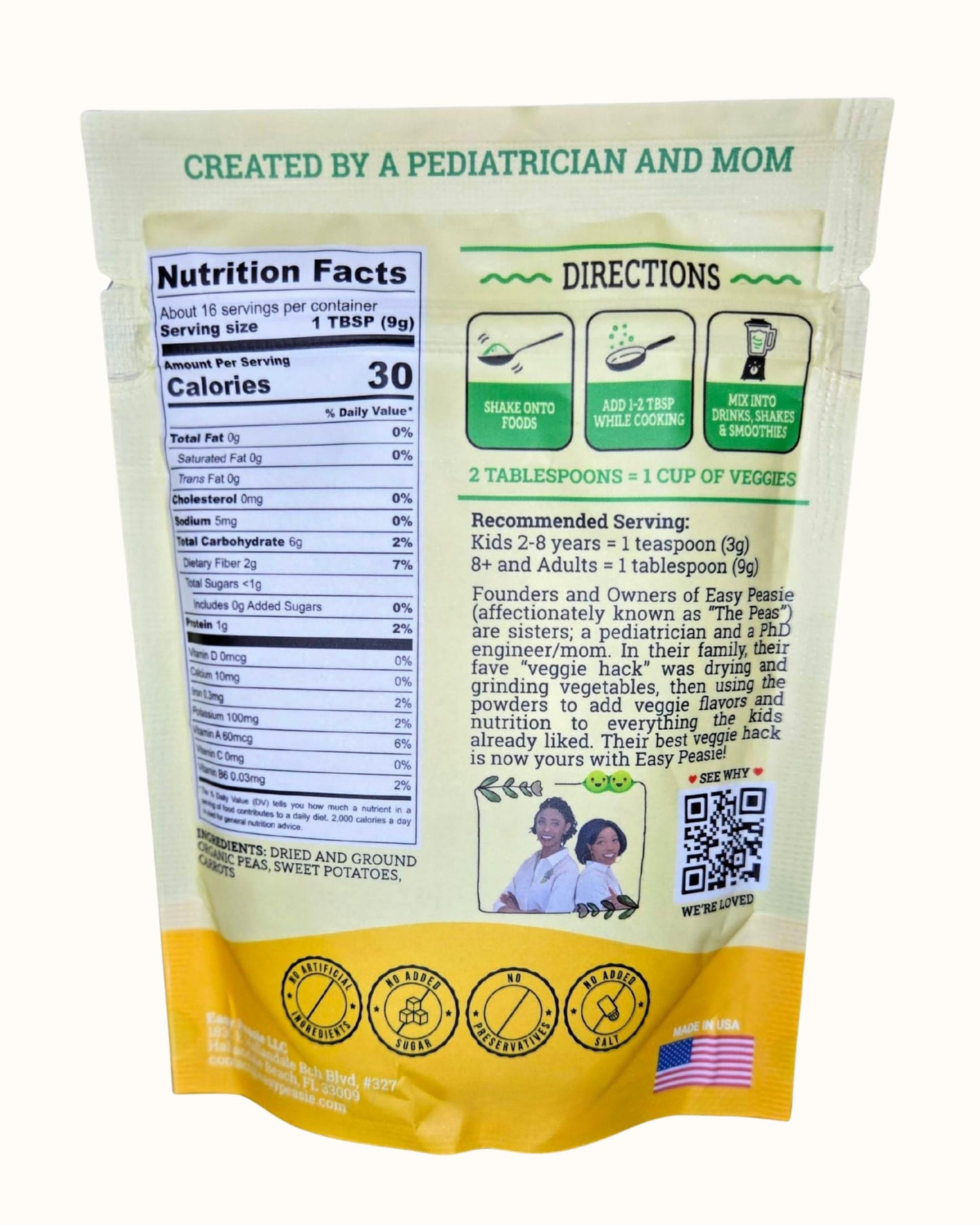 EasyPeasie Organic Veggie Powder Blends for Kids and Picky Eaters | Natural Vegetable Powder Supplement for Meals and Smoothies (Original 5oz Pouch)