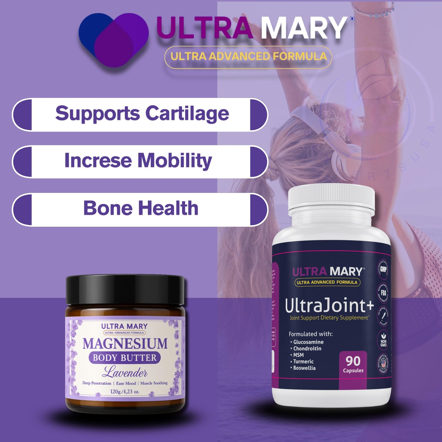 Joint Support UltraMary+(90 Capsules)+Magnesium Body Butter(4.23oz) Glucosamine 1500mg,Chondroitin, MSM, Turmeric & Boswellia–Muscle & Joint Relief Combo, Lavender Scent–Articulaciones & Músculos