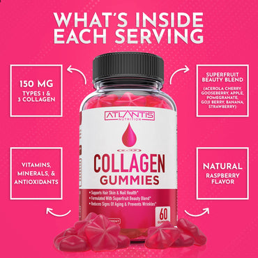 Atlantis Nutrition Collagen Peptides Gummies for Women - Formulated with Type I & III - Vitamin & Superfruit Beauty Blend - Formulated to Support Hair, Nail & Skin Health | 60 Count