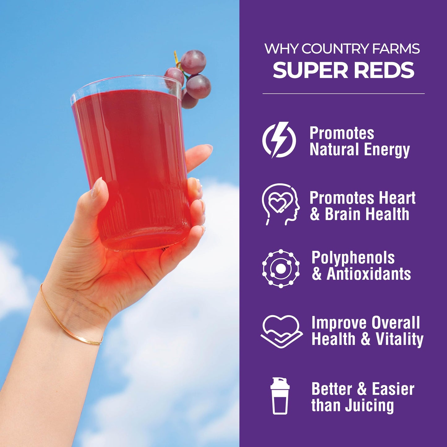 Country Farms Super Reds, Energizing Polyphenol Superfood, 40 Super Fruits and Berries, Powerful Antioxidants and Polyphenols, Supports Energy and Immunity, 20 Servings, Grape Flavor