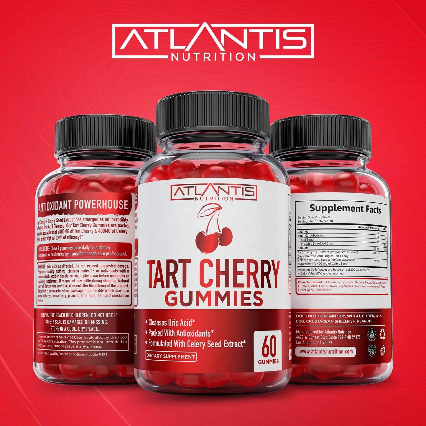 Atlantis Nutrition Tart Cherry Gummies with Celery Seed Extract - Advanced Uric Acid Cleanse for Immediate Gout Relief, Joint Relief & Recovery | Powerful Antioxidant with Joint Support - 60 Gummies