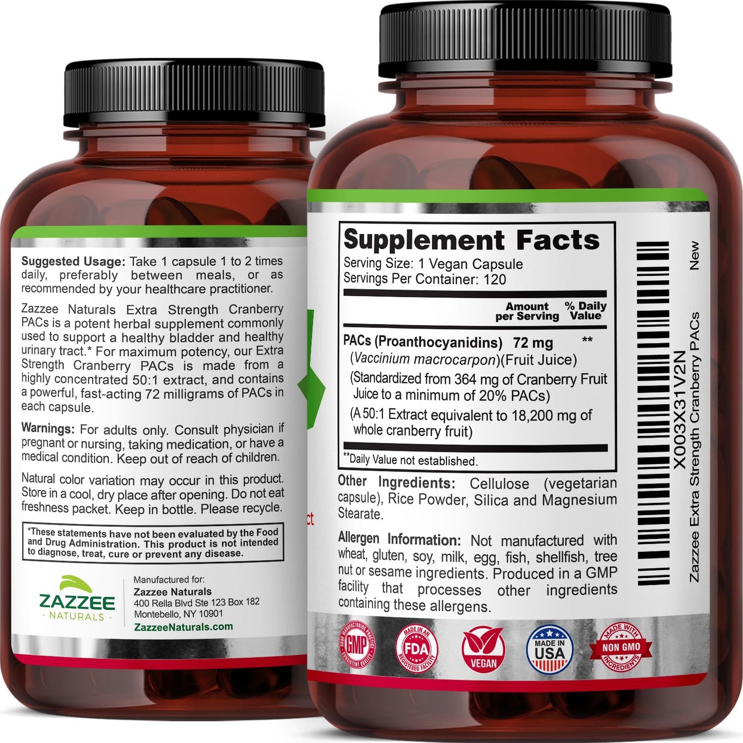 Zazzee Cranberry PACs, 72 mg PACs per Capsule, 2X Strength, 100% Soluble, 120 Vegan Capsules, 50:1 Extract, 18,200 mg Strength, Fast-Acting, Effective Urinary Tract UTI Support, Made in The USA