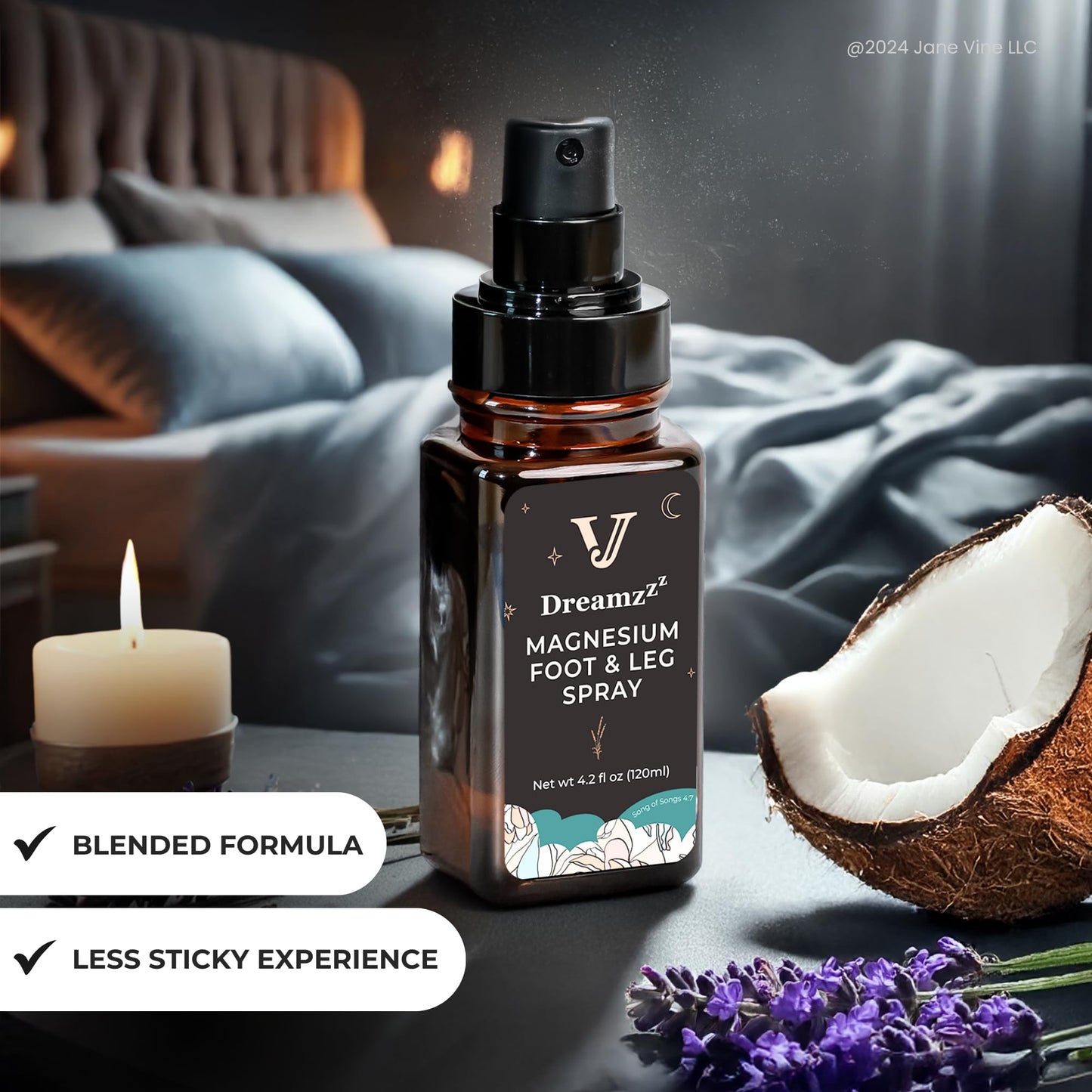 Jane Vine Dreamzzz Magnesium Spray for Feet and Sleep – Blended Formula Magnesium Oil with Lavender & Coconut Oil - Topical Magnesium Body Foot and Leg Spray for Women - Reduced Stickiness - 4.2 oz