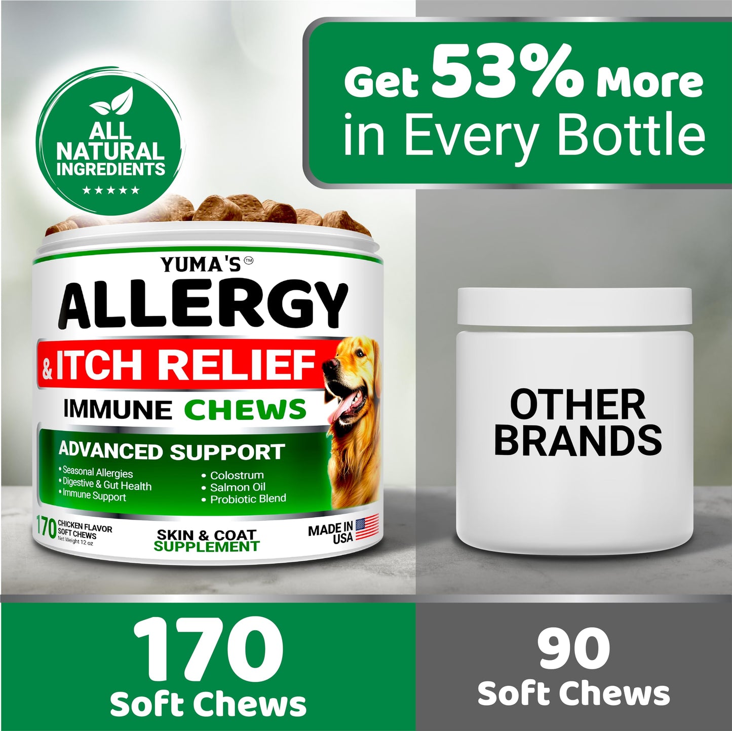 Dog Allergy Relief Chews - Dog Itching Skin Relief Treatment Pills - 170 Treats - Anti-Itch Chewables - Itchy and Paw Licking - Hot Spots - Omega 3 Fish Oil - Dry Skin & Coat Supplement