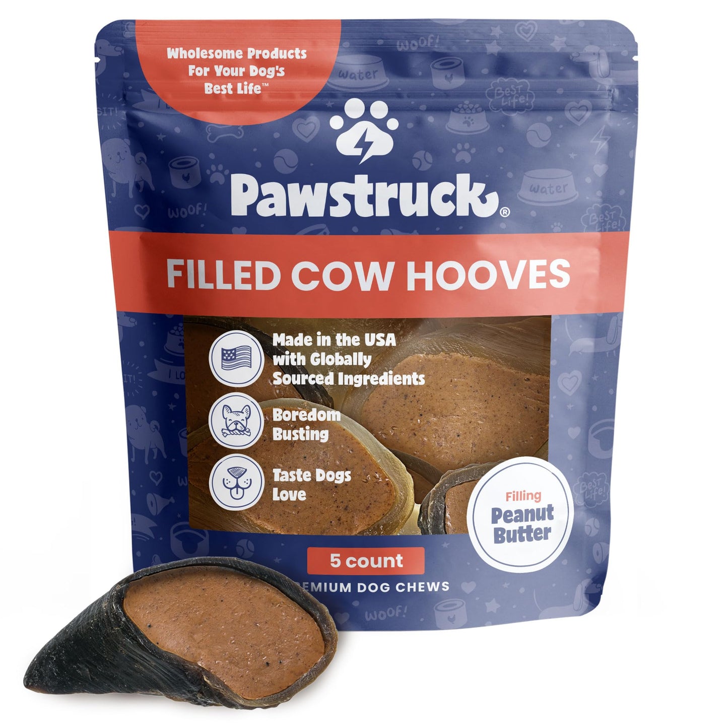 Pawstruck Peanut Butter Filled Cow Hooves for Dogs – Made in USA, Long-Lasting Dental Treats and Chews – Beef Hoof – 5 Count
