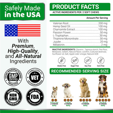 YUMA'S Hemp Calming Chews for Dogs - Advanced Dog Calming Chews - Anxiety Relief Treats - Separation Aid, Barking, Stress Relief, Thunderstorms - Melatonin - Hemp Oil - Made in USA