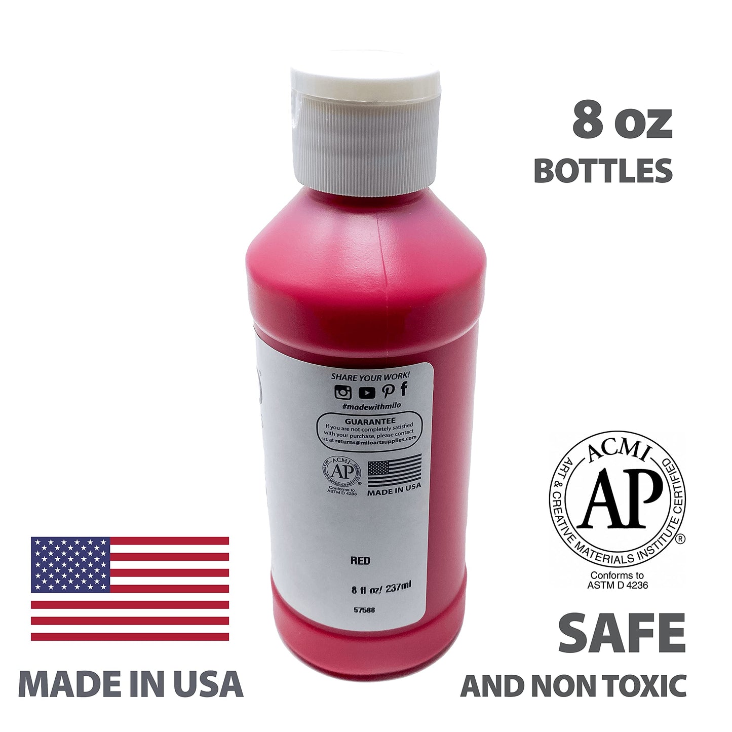 milo Kid's Washable Finger Paint Set of 8 Colors | 8 oz Bottles | Safe and Non-Toxic | Made in the USA | Art & Craft Paints for Kids, Toddlers, Pre School Supplies Painting Set for Children | Easy Pour and Squeeze Bottles