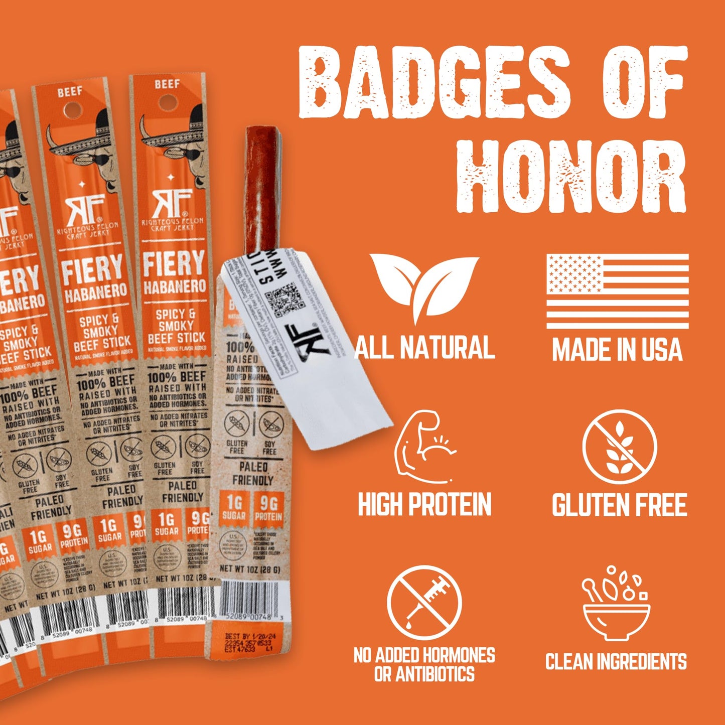 Righteous Felon Meat Sticks | 100% Beef Sticks | Gluten Free & Keto Meat Sticks | Low Sugar & High Protein Beef Sticks | Healthy Snack for Adults | Jerky Gifts for Men | Fiery Habanero, 10 Pack