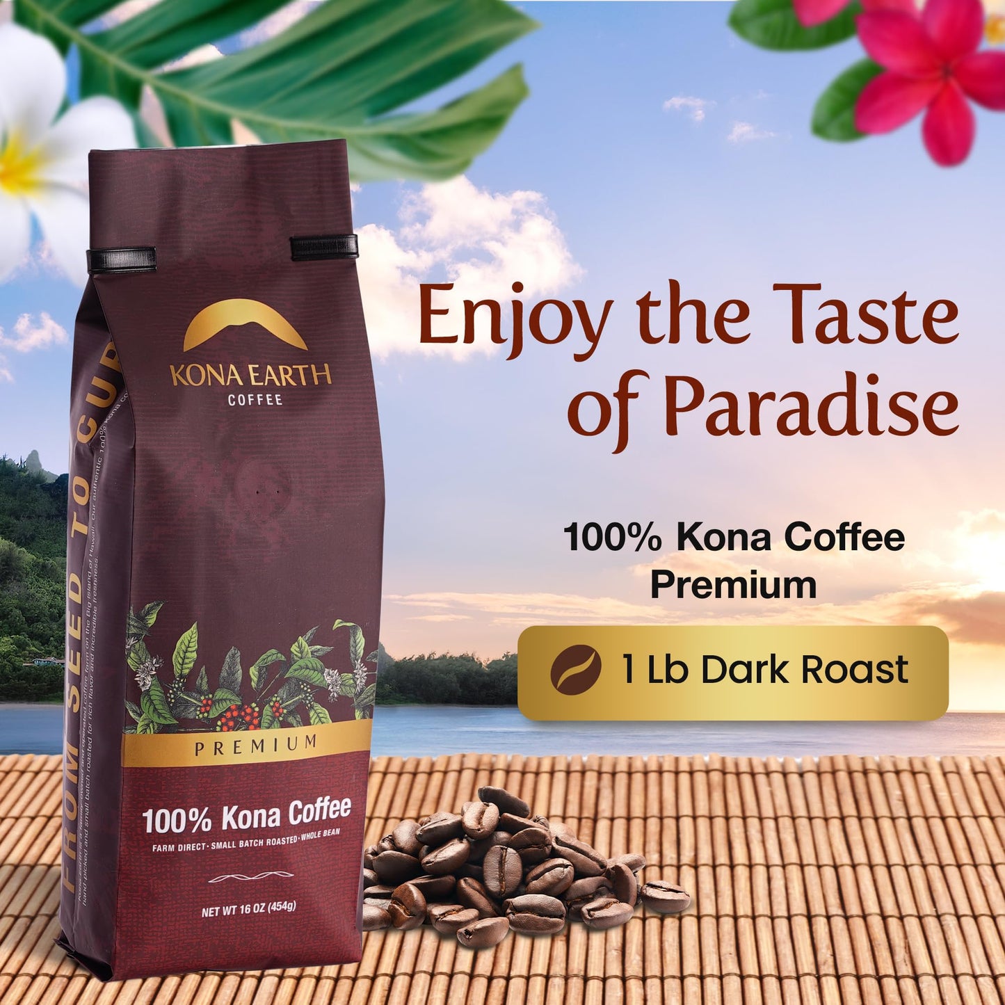 KONA EARTH - Premium, 100% Kona Coffee, Dark Roast, Farm-Fresh Whole Coffee Beans, Micro-Batch-Roasted, 1 lb., Pack of 1