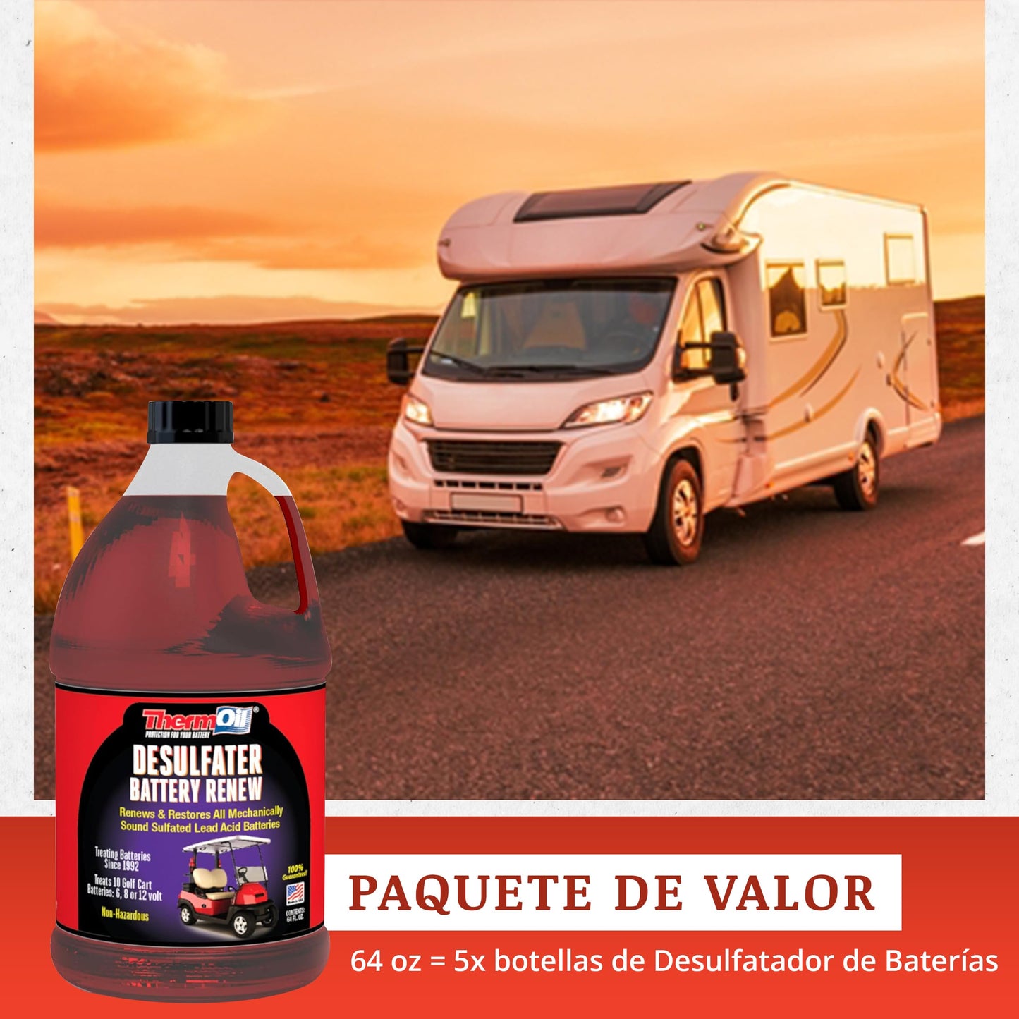 Thermoil® DeSulfater Golf Cart Solution Renews Restores & Revives Any Sulfated Lead Acid Battery Guaranteed! 64 Oz Treats Ten 6, 8 or 12 Volt Batteries. Made in USA
