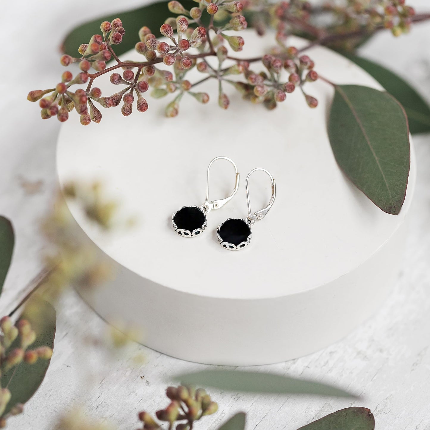 Bottled Up Designs Handmade Vintage White Leverback Botanicals Earrings, Sterling Silver, Eco Friendly, Made in USA, Birthday Gifts, Mothers Day, Women, Anniversary (Black Depression Glass)