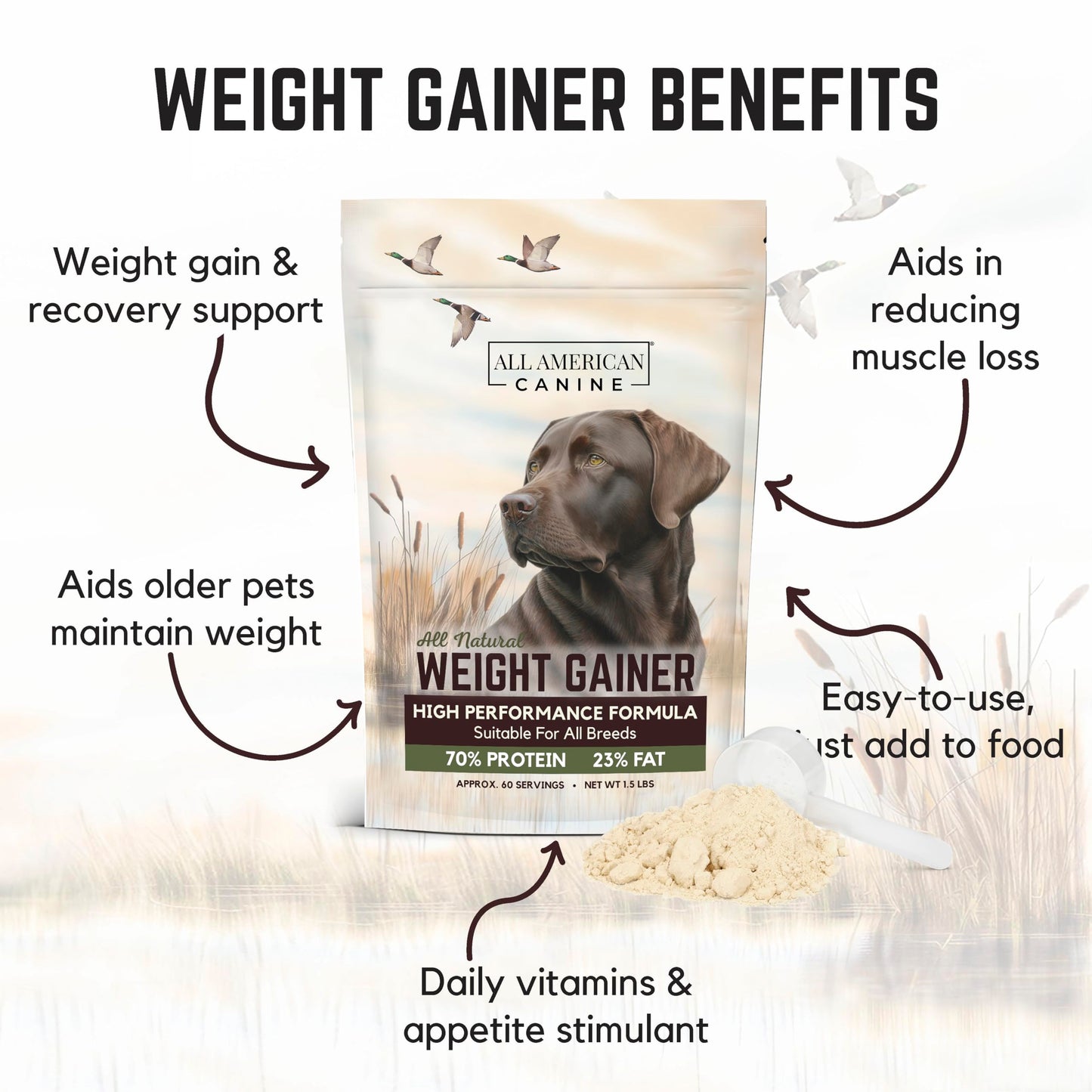 All American Canine Dog Weight Gainer – High Calorie Dog Food Supplement & Protein Powder for Rapid Weight Gain, Mass, and Recovery – Appetite Stimulant – 60 Servings