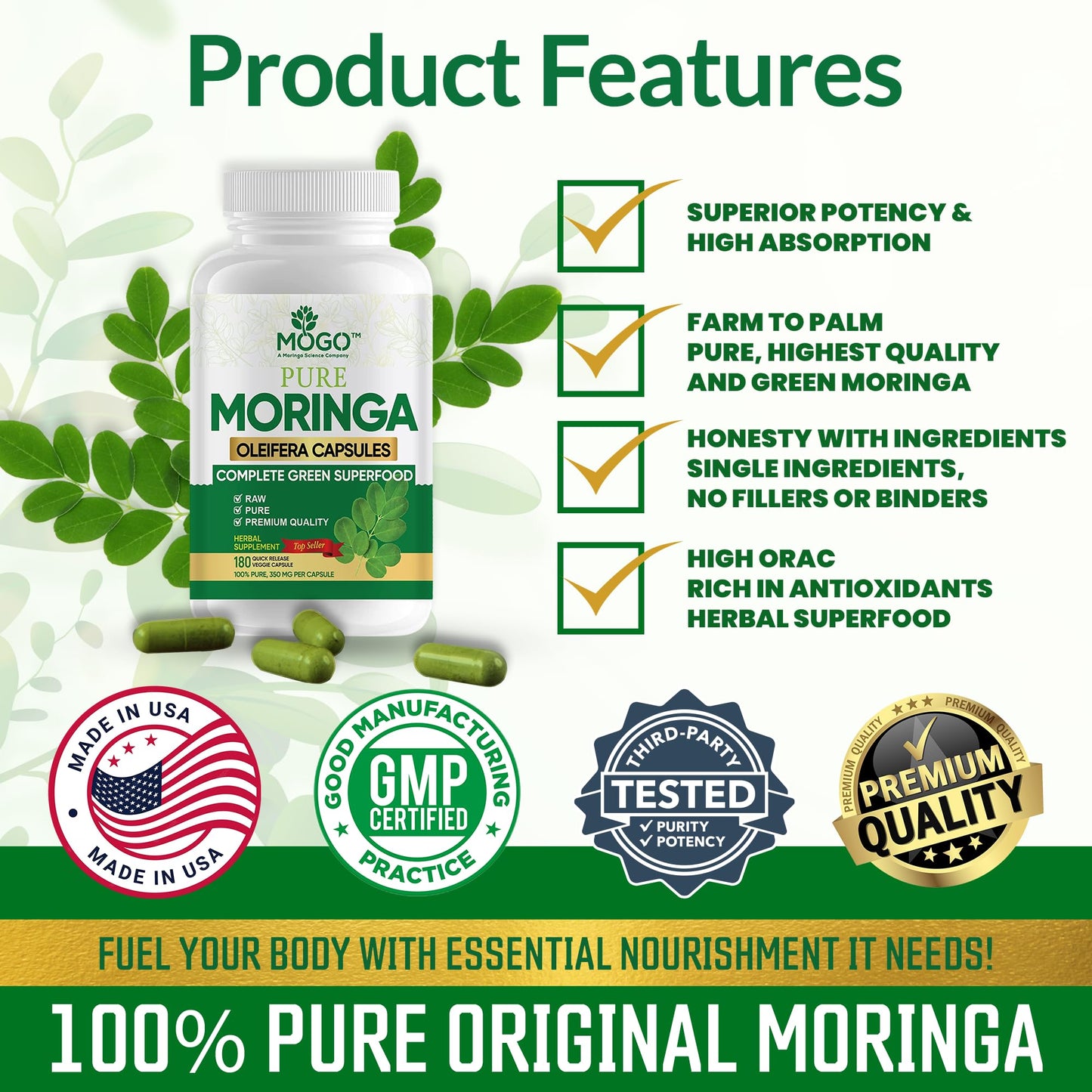 MOGO Moringa Capsules -180 Ct| Boost Energy, Immune, Gut, Joint Support | Made with Pure Organic Moringa Powder Organic Capsules | Made in USA | Antioxidants Rich Complete Green Superfood Supplement