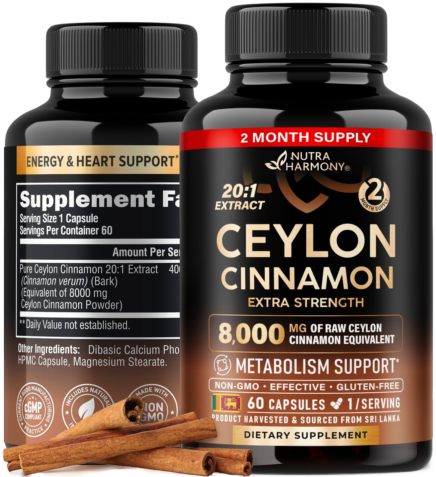 Ceylon Cinnamon Capsules - Extra Strength - Energy, Heart & Metabolism Support - for Men & Women - Pure Natural Extract 20:1 Supplement - Made in USA - GMO & Gluten Free