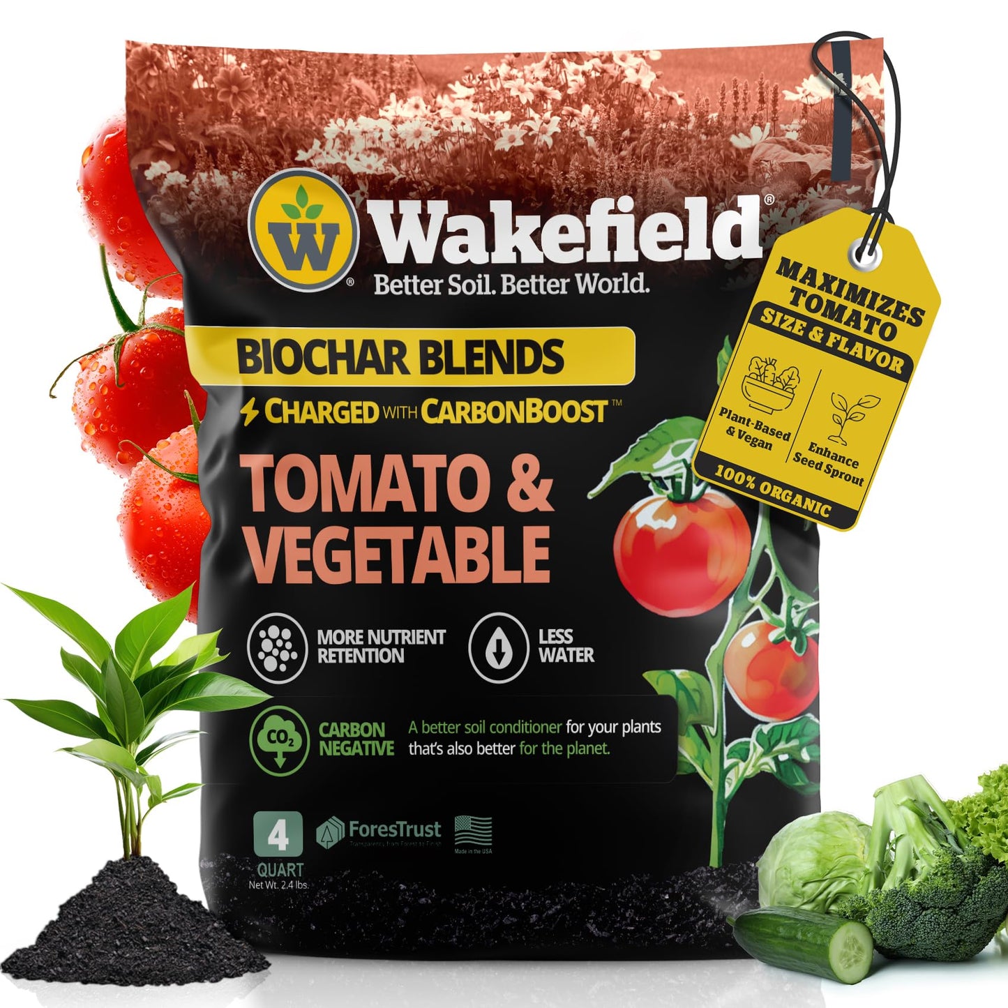 Wakefield Premium Biochar Blend – Organic Potting Soil for Vegetables, Tomatoes & Gardens – Potting Mix Enriched with Humic Acid & CarbonBoost – Versatile Top Soil for Indoor & Outdoor Plants-4quarts