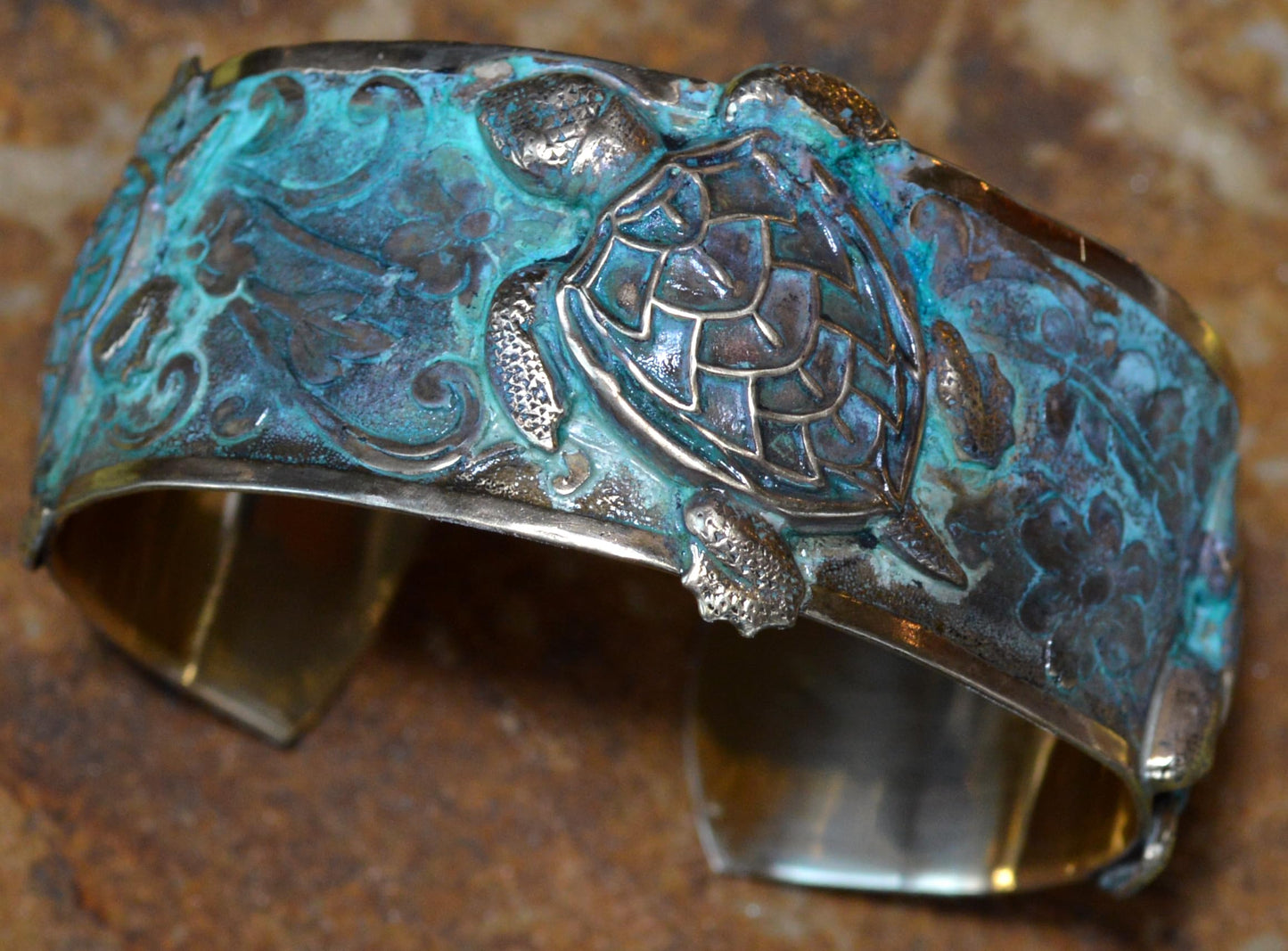 Verdigris Patina Solid Brass Classic Sea Turtle Cuff Bracelet by Elaine Coyne Made In USA
