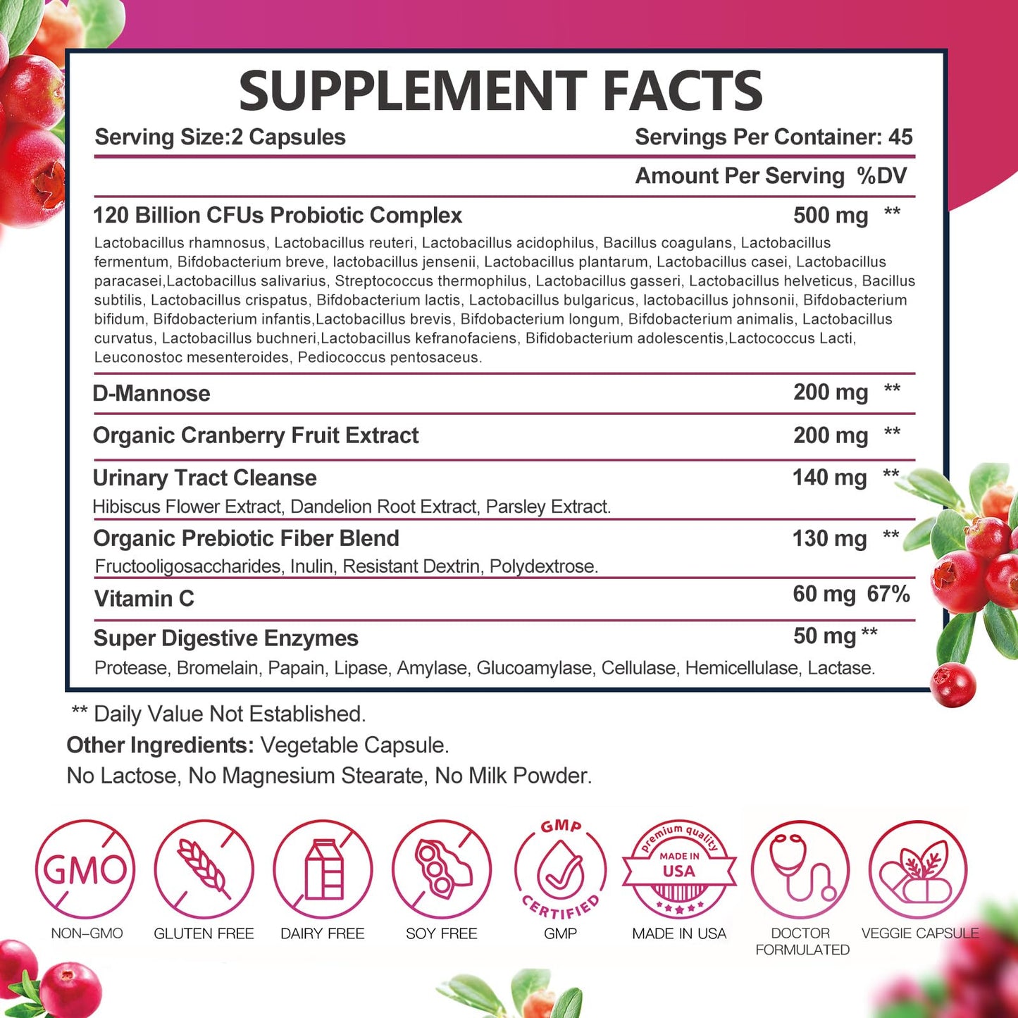 Probiotics for Women Digestive Health, Vaginal probiotics 120 Billion CFU 31 Strains with Digestive Enzymes & Prebiotics & D Mannose & Cranberry for Urinary Tract, 90 Capsules