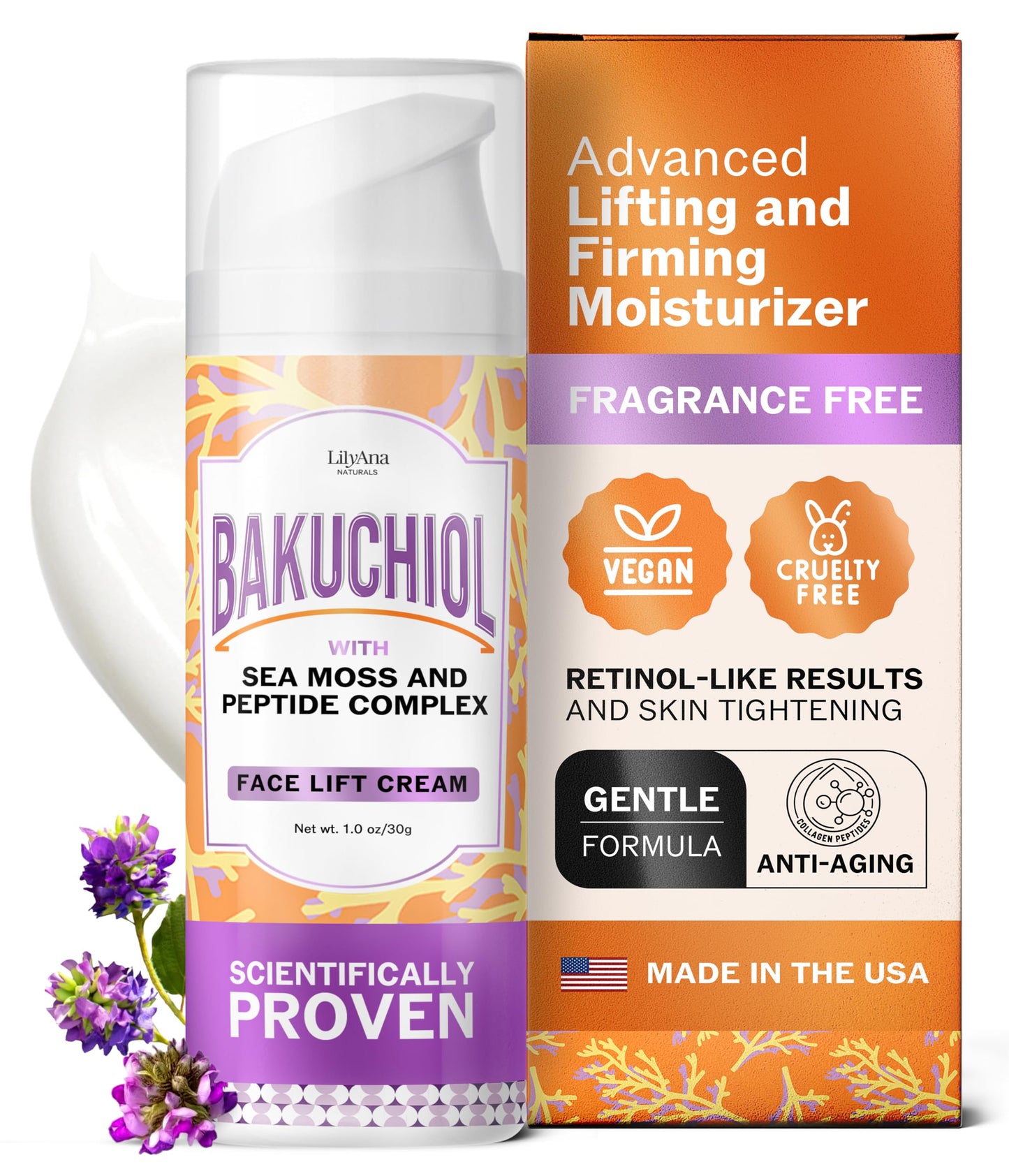 LilyAna Naturals Bakuchiol Face Lift Cream with Sea Moss and Peptide Complex - Face Cream for Women - Moisturizing and Lifting Facial Cream - Anti-Aging Overnight Moisturizer - Made in the USA