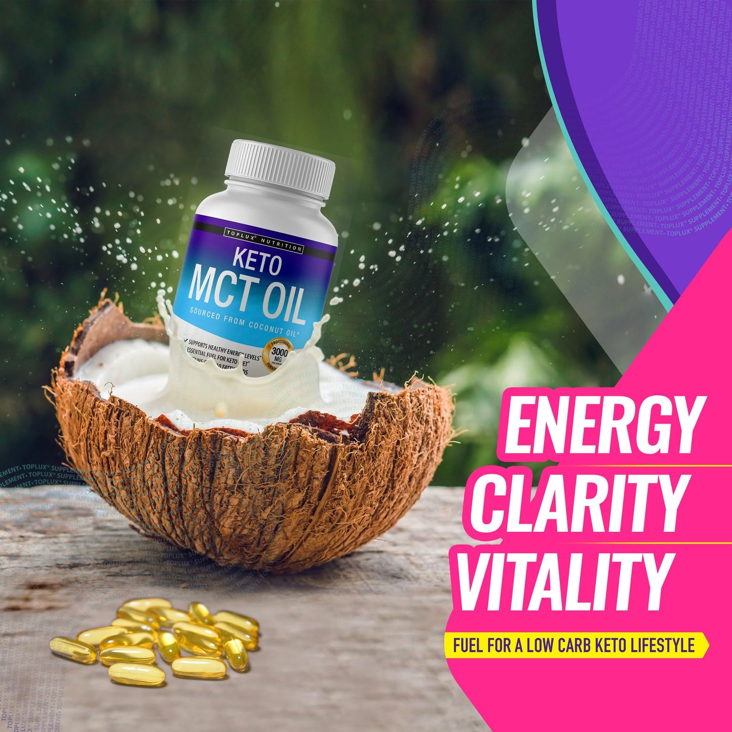 Toplux Keto MCT Oil Capsules - 3000mg Natural Pure Coconut Oil Extract Pills, Source of Energy, Easy to Digest for Men Women, 90 Softgels, Supplement