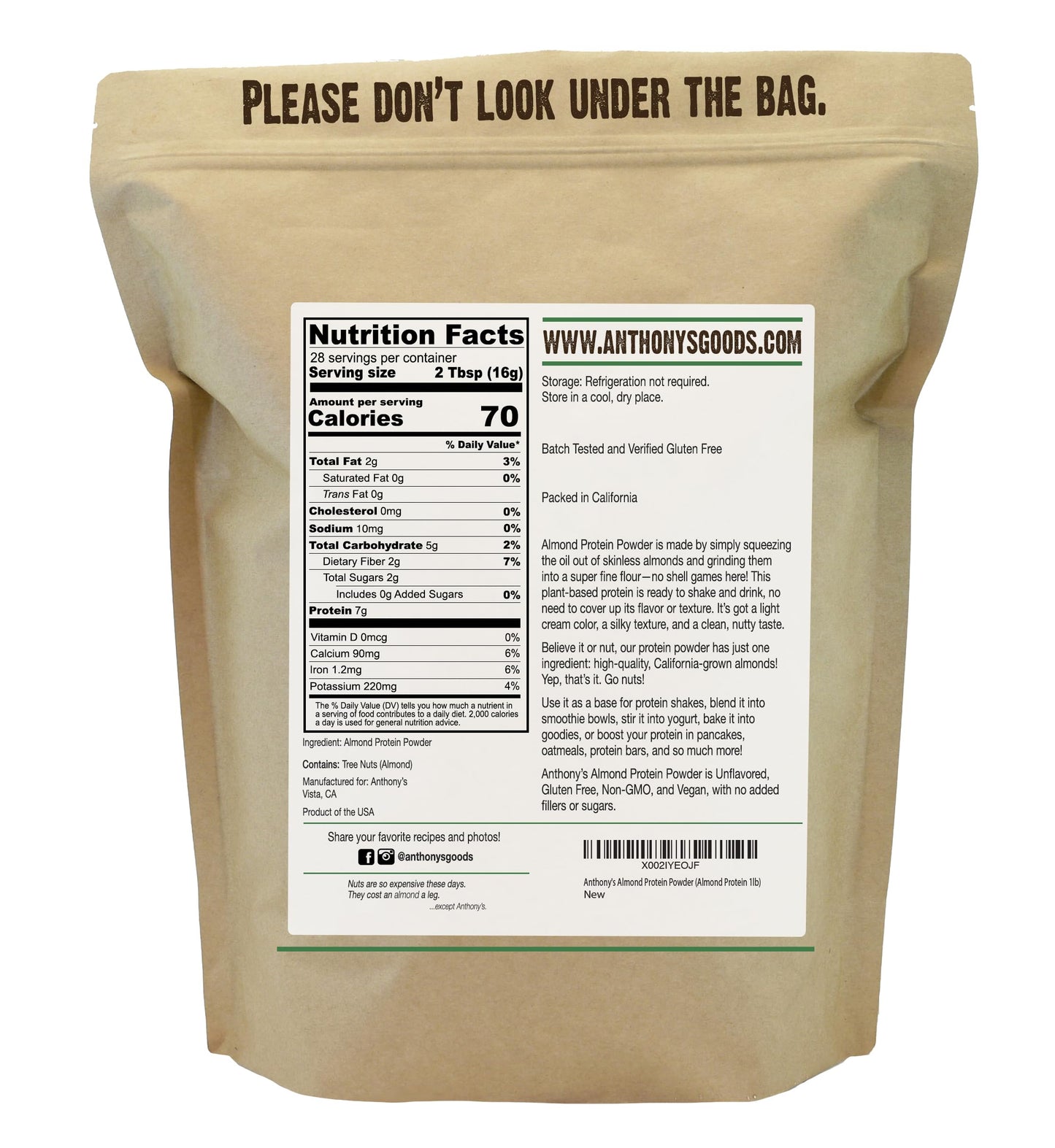 Anthony's Almond Protein Powder, 1 lb, Gluten Free, Non GMO, Plant Based Protein, Made in USA