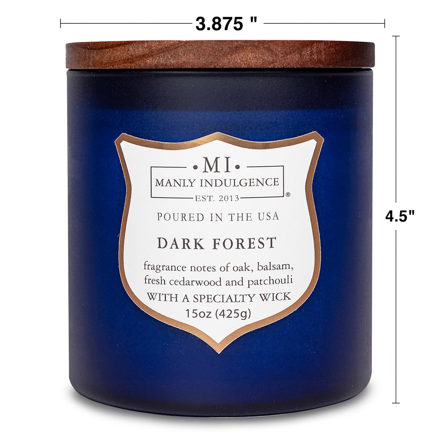 Manly Indulgence Dark Forest Scented Jar Candle for Men, Wood Wicked Candle, 15 oz - Oak, Balsam, Fresh Cedarwood & Patchouli - Up to 60 Hours Burn, Soy Blend Wax, USA Poured, Navy Blue
