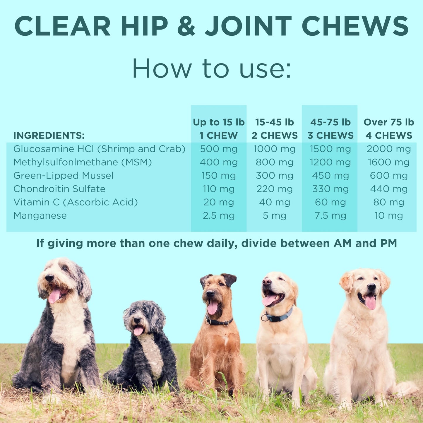 Glucosamine for Dogs Hip and Joint Supplement - Chondroitin, MSM, Green-Lipped Mussel - Clear Hip & Joint - Advanced Mobility Cartilage Support, Bone Health - Tasty Chews - Made in USA