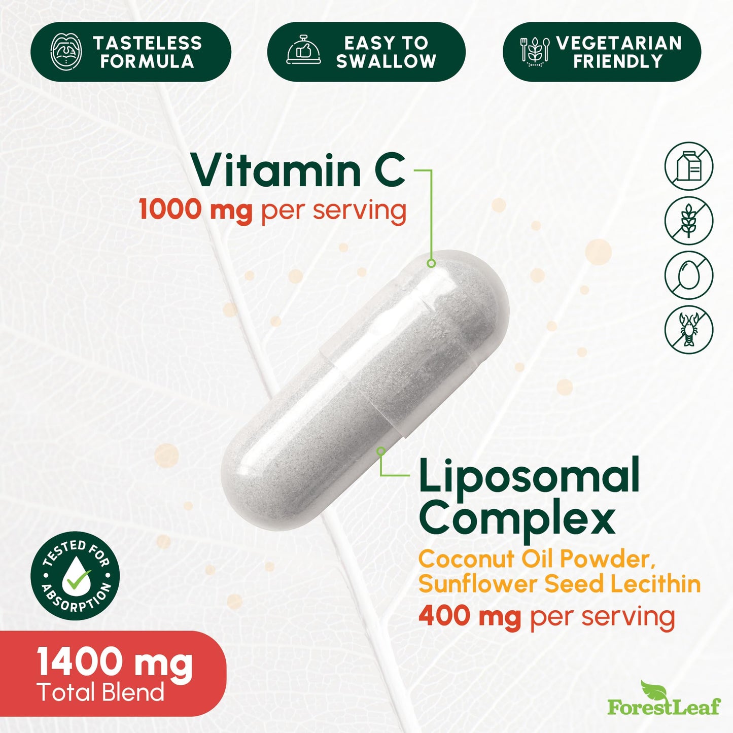 ForestLeaf Liposomal Vitamin C 1000mg Capsules | High Dose Vitamin C Liposomal Supplement w Coconut Oil Fatty Acids | Fast Absorption | Immune Support, Antioxidant, Collagen Production | 120 Vegan Cap