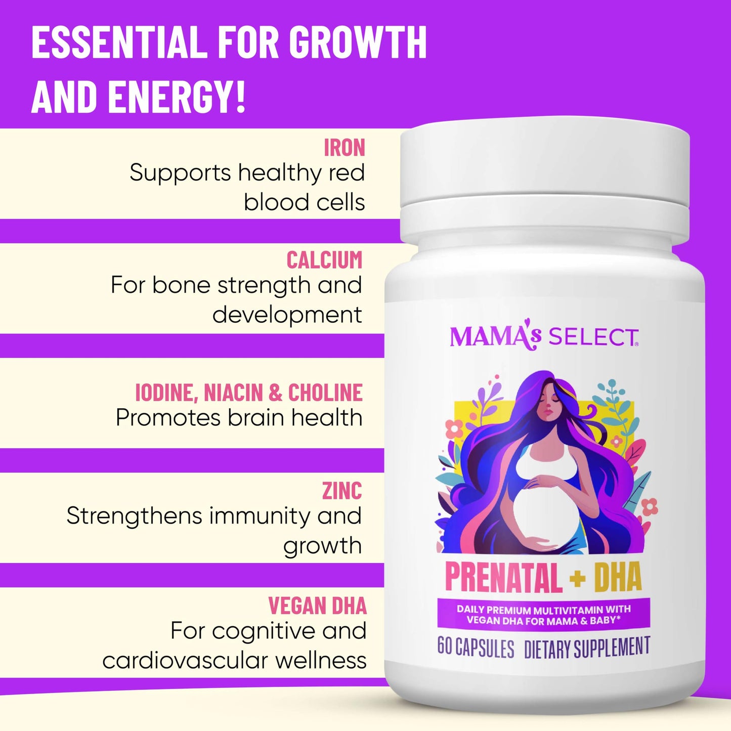 Mama's Select Prenatal Vitamins with Vegan DHA – Fish-Free, No Fish Burps, Allergen-Free, MTHFR Support, Methylated Folate & B Vitamins, Digestive-Friendly, No Biotin