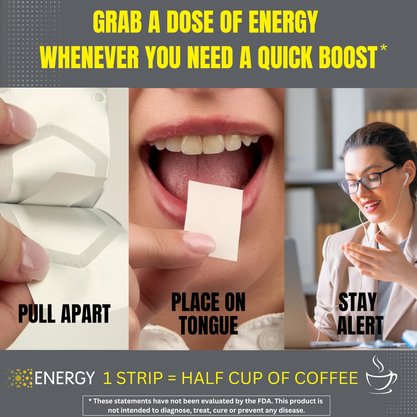 EZStrip Energy Supplements - Mint Flavor, 30 Count - Dissolving Strips with 40mg Caffeine to Help Energize Your Day and Boost Performance - Made in The USA, Sugar and Gluten-Free