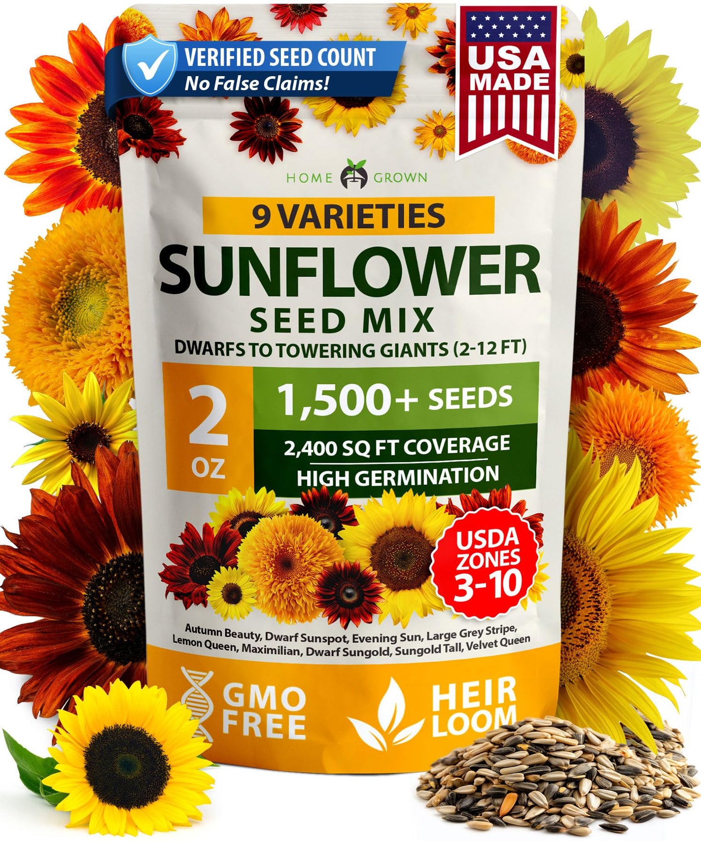 HOME GROWN Sunflower Seeds Mix Pack 1,500+ 9 Colorful Varieties of Sun Flower Seeds to Plant - 2-10ft Tall Plants, Pollinator Friendly π‘π’π‘-ππ π’ π¨π¦π β Easy to Grow, High Germination