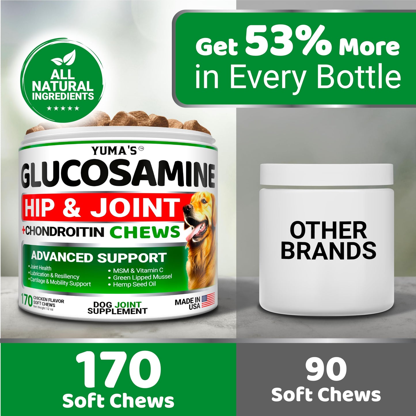 YUMA'S Glucosamine for Dogs - Hip and Joint Supplement for Dogs - Glucosamine Chondroitin Chews - Joint Pain Relief Supplement with MSM - Advanced Health - Mobility Support - Made in USA