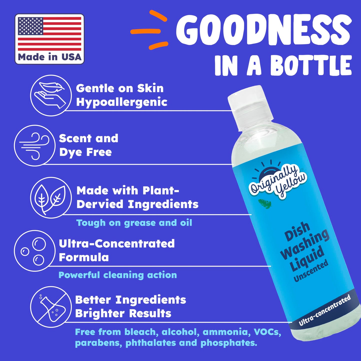 Originally Yellow USA Made Unscented Natural Dish Soap | Hypoallergenic Soap Great For Sensitive Skin as well as Pet & Baby Safe | Bulk 3 Pack