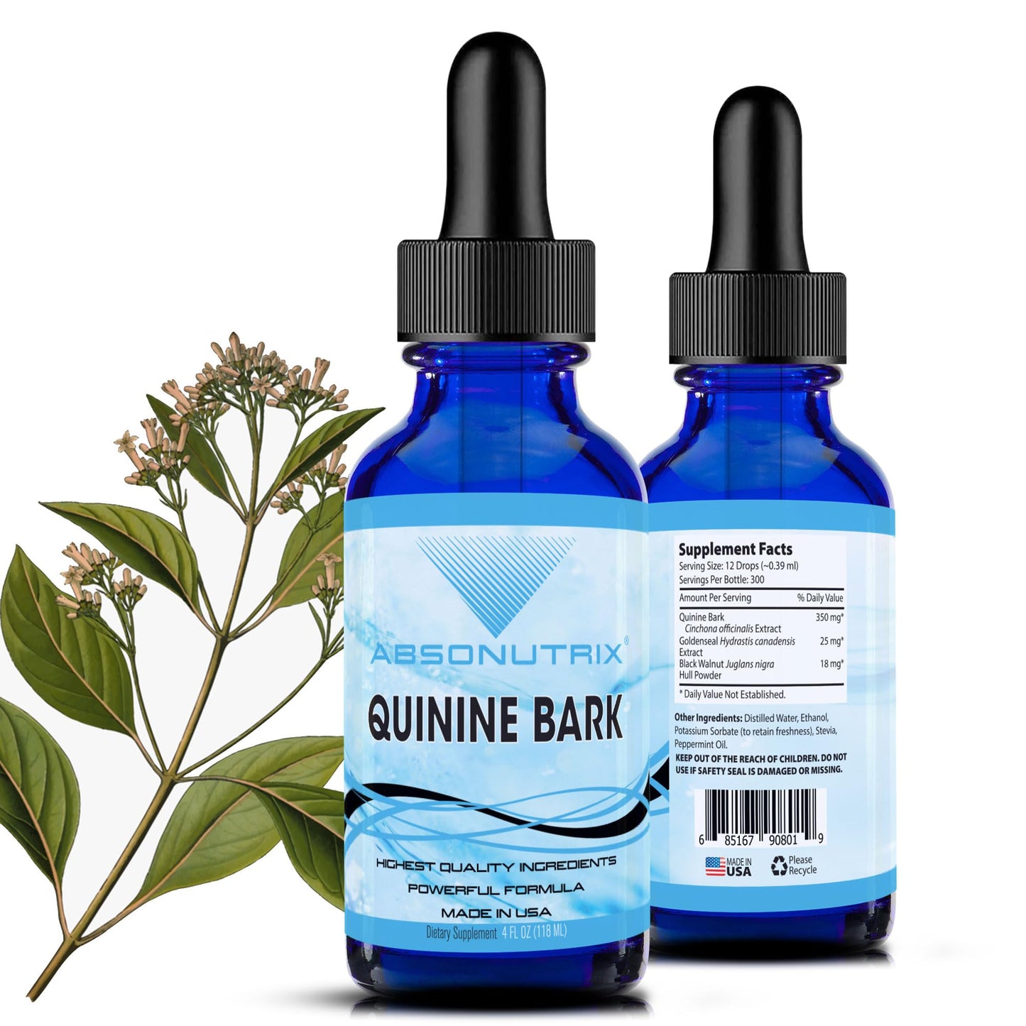 Absonutrix Quinine Bark 350 mg, 4 Oz Liquid, 300 Servings, Made in USA, Quick Absorption, Quality Potent Ingredients, Non-GMO, GMP-Certified Facility, Cruelty-Free Products