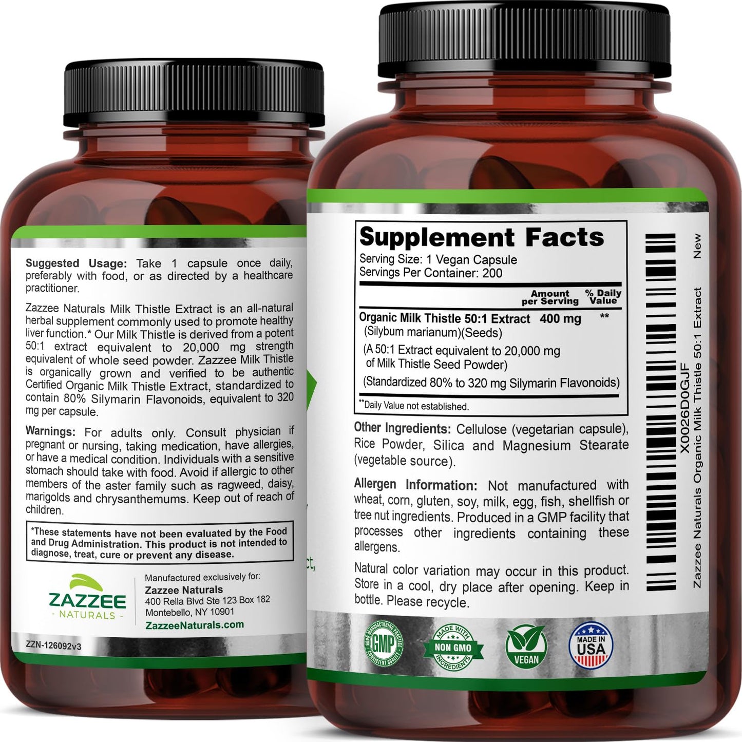 Zazzee Organic Milk Thistle 50:1 Extract, 20,000 mg Strength, 200 Vegan Capsules, 80% Silymarin Flavonoids, Over 6 Month Supply, Standardized and Concentrated 50X Extract, All-Natural and Non-GMO